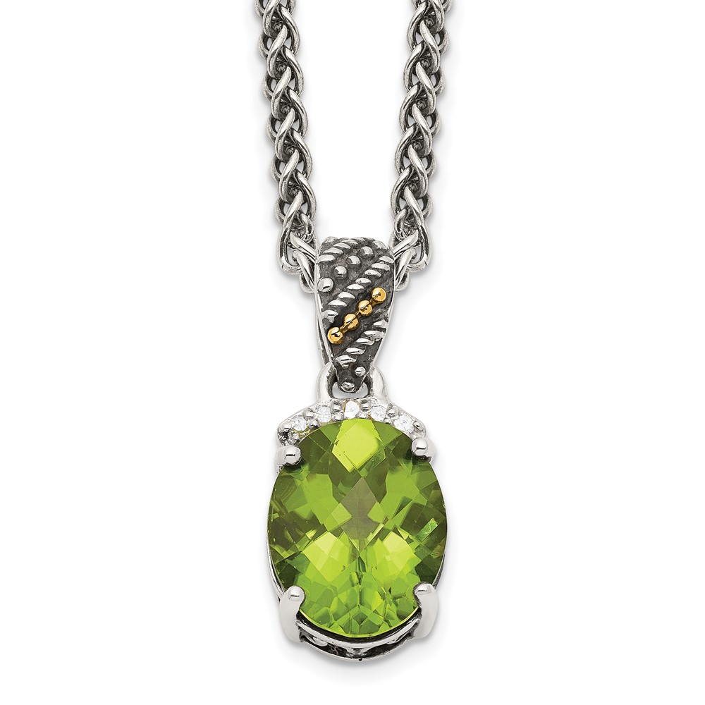925 Ss W/ 14k Accent 18 Inch Antiqued Oval Peridot August & Diamond Necklace